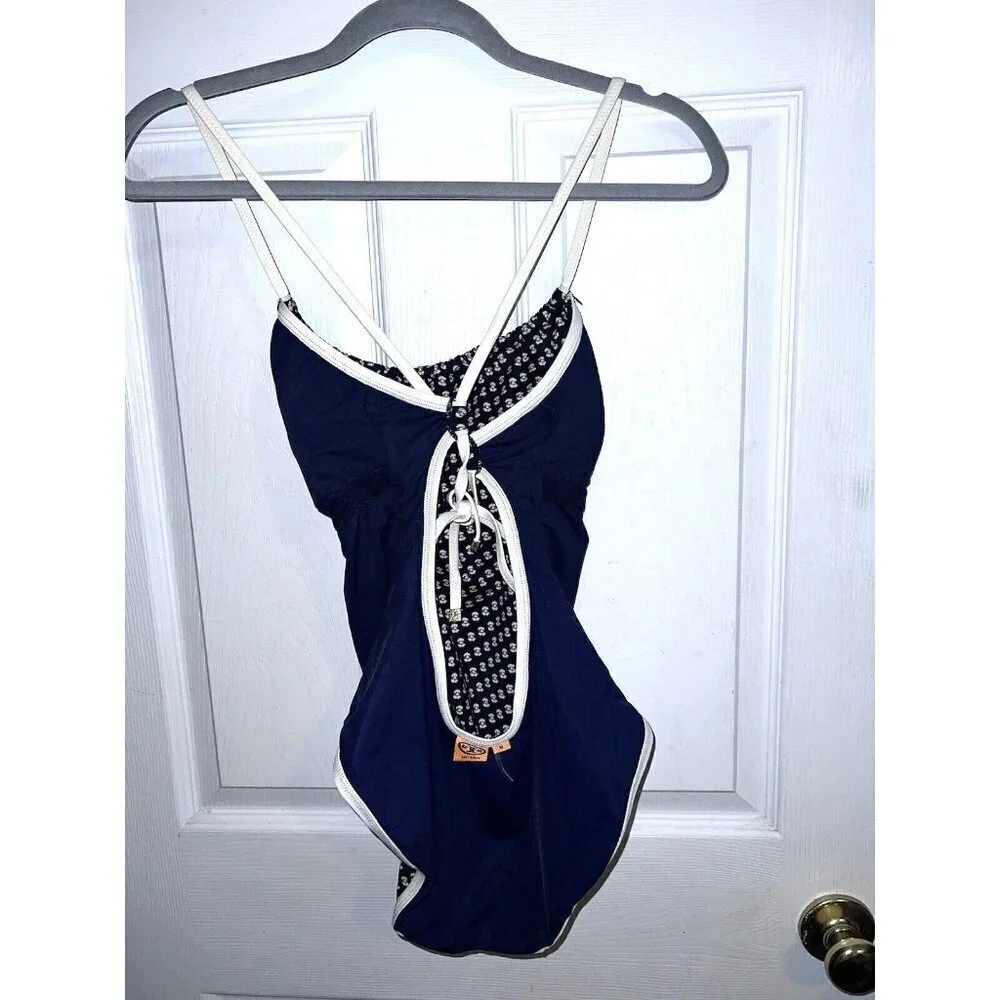 TORY BURCH One Piece Navy Ivory Trim Open Back Swimsuit Sz M